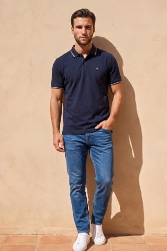 Image of Louis Philippe Men's Slim Fit Single-Tuck Pique Stylized Sleeve Print and Contrast Tipping Half Sleeve Solid Polo Tshirt