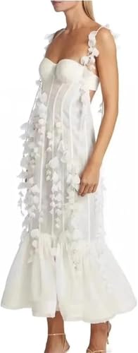Women White Tassel Hem Gown 3D Floral Tulle Beach Wedding Resort Dress Elegant Maxi Summer3