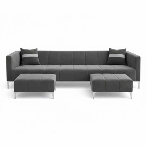 Image of Solomon 6 Seater L Shape Sofa Set with 2 Movable Ottoman | Flexible Left or Right Layout | Luxe Velvet Suede Fabric | Comfortable Seating | Modern Sofa for Living Room - Dark Grey