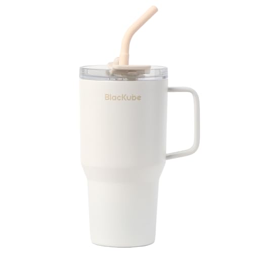 Blackube セラミック タンブラー ストロー付き 取っ手付ケトル 秋冬カラー 800ml コーヒー 真空クエンチャー 保温保冷 真空断熱広口 大容量 直飲み ホームオフィ アウトドア 女の子 男の子 ソイミルクホワイト
