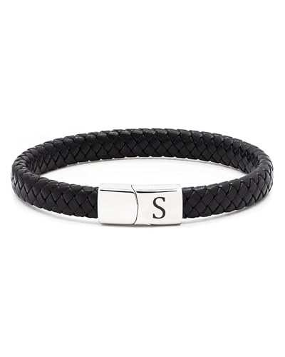 TOLOWOBK Lederarmband Herren Armband mit Buchstaben Gravur A-Z Buchstabe Armband Männer Schwarz Geflochten Leder Armbänder mit Magnetverschluss Weihnachtsgeschenke Geburtstag Geschenke für Männer