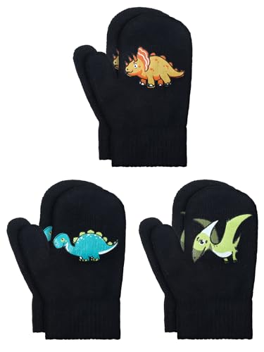 Image of Geyoga 3 Pairs Kids Mittens Winter Stretchy Knit Gloves Winter Dinosaur Full Finger Toddler Mittens for Boys Girls