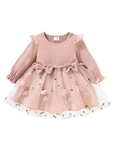 CHICTRY Baby Mädchen Strickkleid Rüschen Langarm Partykleid Hochzeit Taufe Kleider Mit Schleife und Blumenspitze Tüllschicht Prinzessin Geburtstag Outfit Rosa 62-68