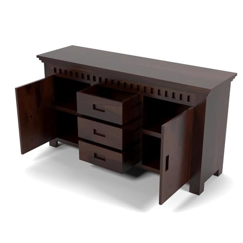 Image of Solid Sheesham Wood Wooden Sideboard Storage Cabinet & Chest of Drawer : Ideal for Living Room and Bedroom with 3 Drawers and 4-Shelf Storage (Carter, Walnut Finish)
