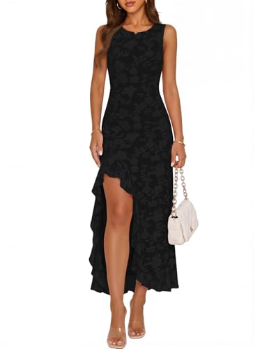 MEROKEETY Women's Summer Floral Ruffle Maxi Dress High Slit Sleeveless Bodycon Formal Cocktail Wedding Guest Prom Dresses, Black, Medium