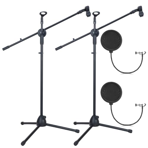 Sherr 2 Pcs Tripod Microphone Stand Adjustable Boom Height Mic Stand with Mic Clip and Windscreen...