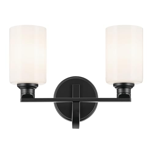 Image of Kichler Gioe 2-Light Bathroom Vanity Light Fixture with Opal Glass, 14.25 in Modern Black Wall Sconce for Mirror, Damp Rated Lighting (14.25 in W x 10.5 in H), 55225BK