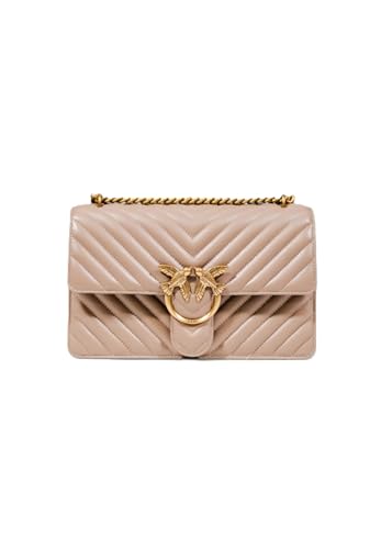 Pinko Love One Classic, bolso de hombro de piel beige, correa ajustable de cadena, cierre con solapa, divisor con cremallera, bolsillo interior, 27 x 16,5 x 8 cm