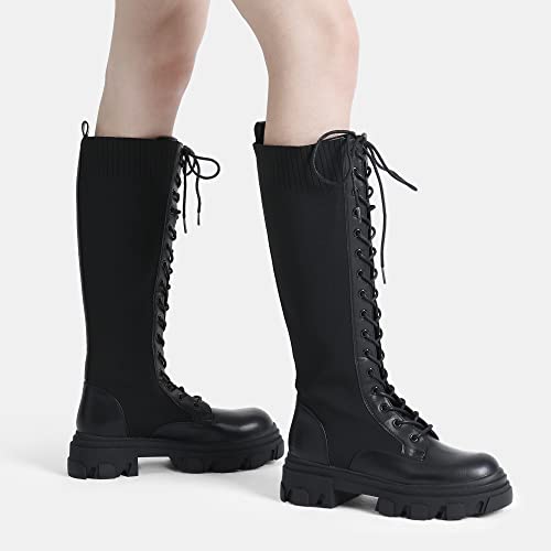 DREAM PAIRS DREAM PAIRS Knee High Boots Women, Fashion Combat Boots Chunky Platform Lace Up Lug Sole Boots For Women,Size 8,BLACK/KNITTING,SDKB221W