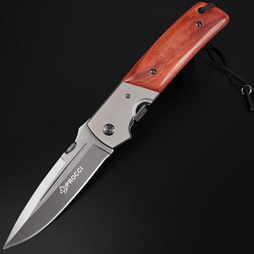 DA52 Folding Knife for Men, 11'' Hunting Pocket Knife with Wood Handle, 5'' Blade with Titanium Plated, Safety Liner Lock and Belt Clip, Survival Knife for Hiking Camping - Ideal Father's Day Gift