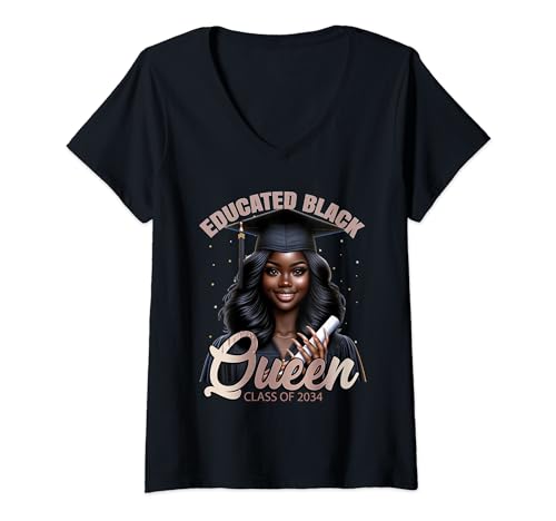 Damen Black Girl Graduation Pink HBCU Senior Melanin Class of 2034 T-Shirt mit V-Ausschnitt