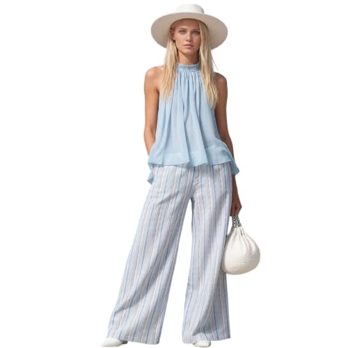 Conjunto de dos piezas para mujer con pantalón de pierna ancha a rayas y top sin mangas