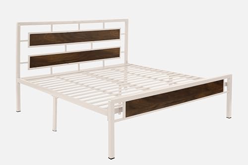 Image of Zeek Metal King Size Bed Without Storage | Wrought Iron Double Bed with Headboard & Footboard | Sturdy Powder Coated Platform Bed King Size Cot for BedroomLivingRoom Ivory (75x72)