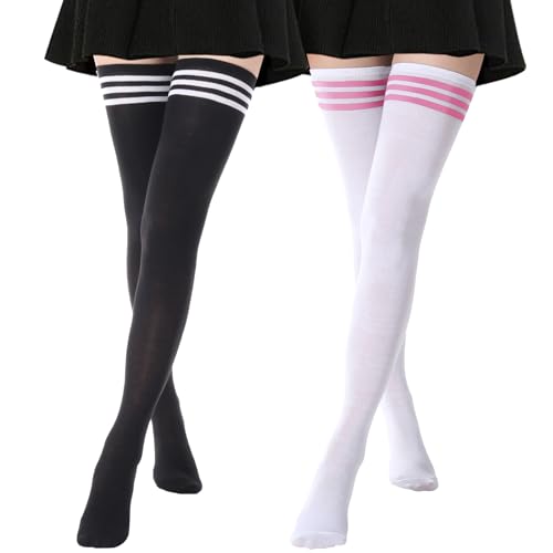Image of AQOKKA Extra Long Thigh High Socks for Women Striped Over Knee Thigh Socks Long Boot Thigh High Stockings Leg Warmers
