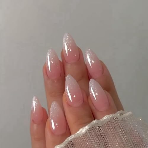 Glitter Ombre Pink Press on Nails Almond Shaped Nails Press ons, Medium Fake Nails Almond French Acrylic Nails Glue on Nail with Cute Design Thick Natural Stiletto False Nail for Women Wedding 24 Pcs