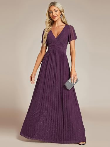 Image of Ever-Pretty Women's V-Neck Glitter Formal Dresses Pleated Short Sleeves Floor Length A-Line Mother of Bride Dress 11961