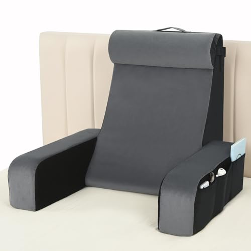 Vekkia 25" Extra-Large Reading Pillow for Tall Adults – 60° Ergonomic Wedge Back Pillow with Built-in Armrests, Adjustable Headrest & Large Pockets – Ideal for Sitting in Bed, Reading, TV, and Gaming
