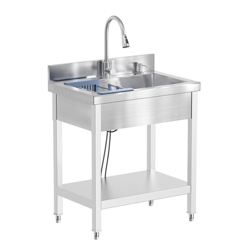 Image of 28 inch Stainless Steel Freestanding Utility Laundry Sink | Hot & Cold Faucet, Freestanding Design, 71 cm Width