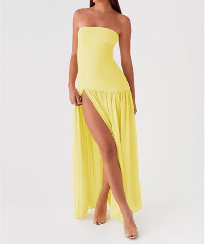Image of Willow Dance Women Tube Top Dress Printed Mesh Patchwork Maxi Dress Strapless Sexy High Slit Long Dresses Party Clubwear