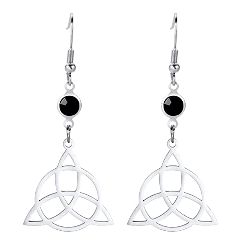 Pendientes para mujer de acero inoxidable con piedra natal negra, nudo de brujas, triple luna, nudo celta, aretes colgantes Wicca pagans (plata 1)