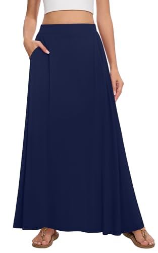 Leafsay Falda larga plisada de verano para mujer, acampanada, cintura alta, elástica, con bolsillos, Azul marino, Large