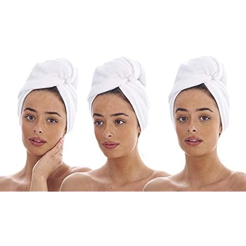 Keanu Pack of 3 Luxury Hair Turban Towels, Hair Drying Towel with Loop and Button Fastener, 100% Cotton, 64 x 23cm - White Cover