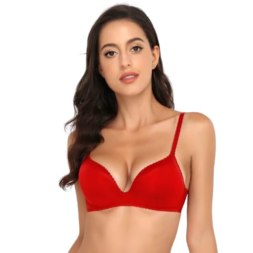 adorelingerie Women's Deep V-Neck Wireless Bra, Red, Scalloped Lace Trim-picture-18