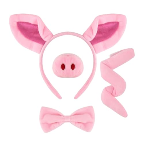 RagQbuK GegXcn 4 Piece Pig Costume Set with Adjustable Ears Headband Pig Nose Pig Tail & Bow Tie Pink Fancy Dress Accessories for Halloween Carnival Themed Parties & Role Play