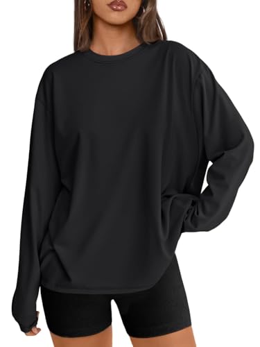 LILLUSORY Oversized T Shirts for Women UK Long Sleeve Thermal Tops Basic Gym Tshirts Fashion Plus Size Capsule Wardrobe Clothing Black L