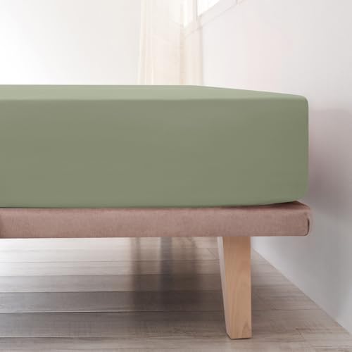 LA MALLORQUINA Sábana Ajustable 100% Algodón - Basic olivino, Medida 090x190/200+31cm - Ideal para Cama de 090cm