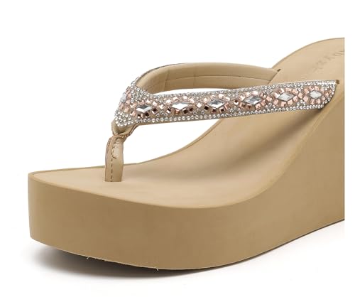 Image of Rhinestone Womens Wedge Sandals for Women Platform Flip Flops Chunky wedge flip flops Heels Sandals Women Wedding Shoes