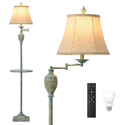 Traditional LED Floor Lamp with 350° Adjustable Swing Arm Lamp – Vintage Standing Pole lamp for Living Room, Bedroom and Office – Rustic Upright Floor Light for Home Décor with Silk Fabric S