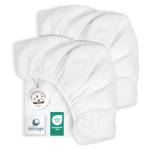 DOLCI SOGNI Sabanas Cuna 70x140 - Sabanas Minicuna Sabana Bajera 70x140-2X Pack Muselina 100% Algodón Suave y Transpirable - Oeko-Tex - Hechas en España - 1 x Blanca + 1 x Blanca