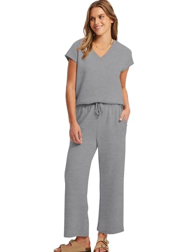 Image of Saloogoe Two Piece Sets for Women Summer Outfits Lounge Sets V Neck Tops Wide Leg Pants Woman Vacation Travel Outfits