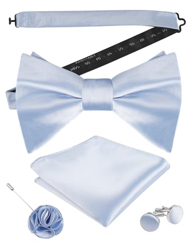 Image of Alizeal Mens 4pcs Formal Solid Bow Tie Set | Pre-tied Pocket Square Cufflinks Boutonniere for Wedding Everyday Use