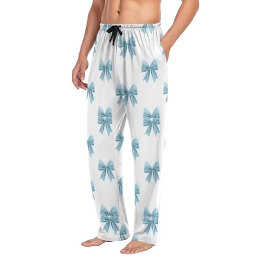 Men’s Light Blue Bows Pajama Pants with Pockets, Comfortable Lounge Sleep Bottoms#1494