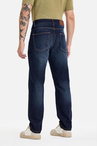 Image of SNITCH Men Casual Jeans | Relaxed Fit Straight Leg Washed Pattern & Drawstring Closure | 100% Cotton Denim Fabric for All Day Comfort & Everyday Wear