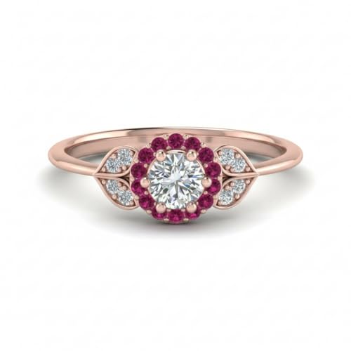Image of Rose Gold Plated Diamond CZ & Blue Sapphire Petal Halo Engagement Ring for Women, Petite Round Shape Wedding & Everyday Jewelry, Handmade Gift for Wife US Size 4-12