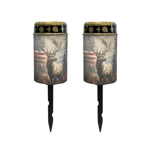 Image of Poceacles Deer American Flag Forest Outdoor Lights Solar Powered Flameless Candle Cemetery Votive Candles Waterproof Outdoor Memorial Candle Solar Stake Lights Home Outdoor Decoration, 2 PCS