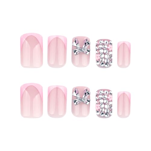Image of Secret Lives Square False Nails - Metallic 3D Bow Press-On Nails with Rhinestones - Glam Sparkly Nail Tips, Reusable Artificial Nail Set for Women