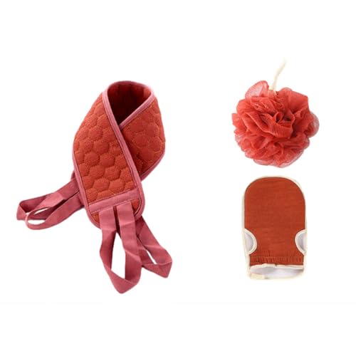 SKISUNO Toalla Exfoliante para Ducha 3 Piezas Bolas Descontaminantes y Tira Larga para Espalda, Color Rojo Ladrillo, Material Cómodo y Resistente, Adecuado para Limpieza Profunda y Masaje