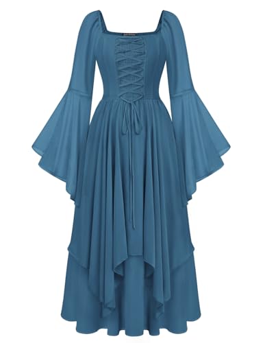 Scarlet Darkness Renaissance Costume Women Bell Sleeve Smocked Maxi Dress Deep Peacock Blue M