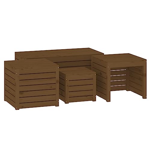 Toshilian - Juego de 4 baúl de almacenamiento exterior, caja de almacenamiento para jardín, caja de almacenamiento, juego de cajas de jardín, 4 unidades, color marrón, miel y madera de pino macizo
