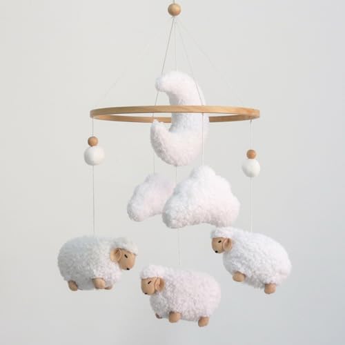 Image of Sheep Baby Mobile for Crib, Cloud Baby Crib Mobile for Girls & Boys, Neutral Crib Toys Hanging, Lamb Baby Mobile for Bassinet, Nursery Decor - Pure White