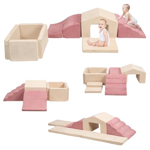 Image of Soft Play Climb and Crawl Activity Playset,Foam Climbing Building Blocks for Toddlers with Ball Pit - Baby Crawling & Sliding Gym Equipment Indoor Active Playing for Preschool,6 Pcs (beige-pink)