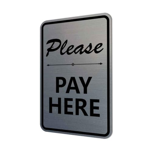 Portrait Round Please Pay Here Sign with Adhesive Tape, Mounts On Any Flat Surface (Brushed Silver) - X-Large
