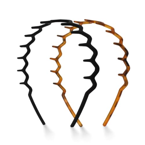 2 pack Plastic Zig Zag Headbands for Women Non Slip Fashion Accessories for Slicked Back Styles - Comfortable Comb Headband with Teeth | Ideal Gifts for Women - Tortoise & Black Headband - 2 pcs