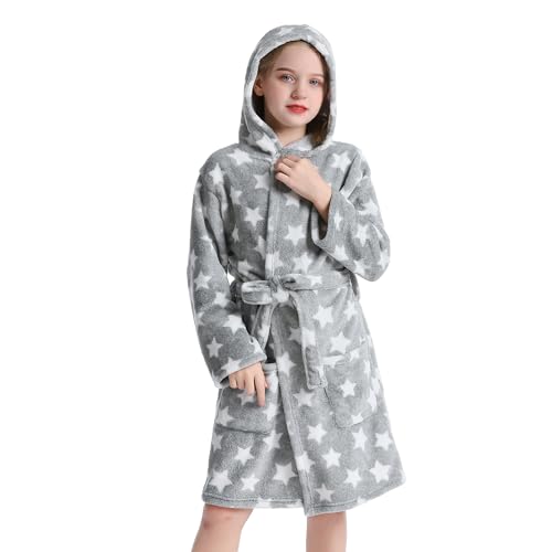 V.&GRIN Girls Fleece Robes, Hooded Plush Soft Fuzzy Warm Fluffy Bathrobe for Kids 3-14 Years