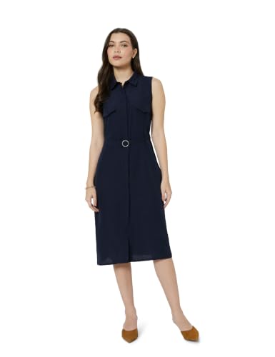 Image of Amazon Brand - Symbol Women's Sleeveless Shirt Dress | Belted Waist, Collared Neck, Knee Length (Available in Plus Sizes)