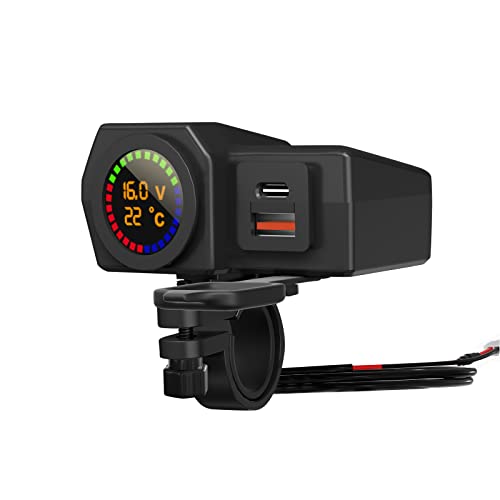 Beedove Prise de chargeur USB pour moto, port USB 5 V 3,4 A/3 A et port de type C - Adaptateur de chargeur étanche pour moto avec interrupteur, voltmètre LED et affichage de la température Cover